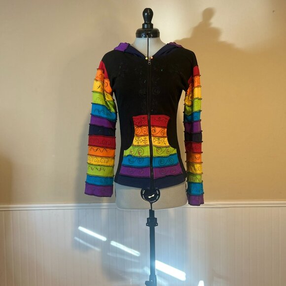 The Collection Royal Nepal Rainbow Patch Hand-Painted Sweatshirt | S (32" Bust) - Picture 2 of 11